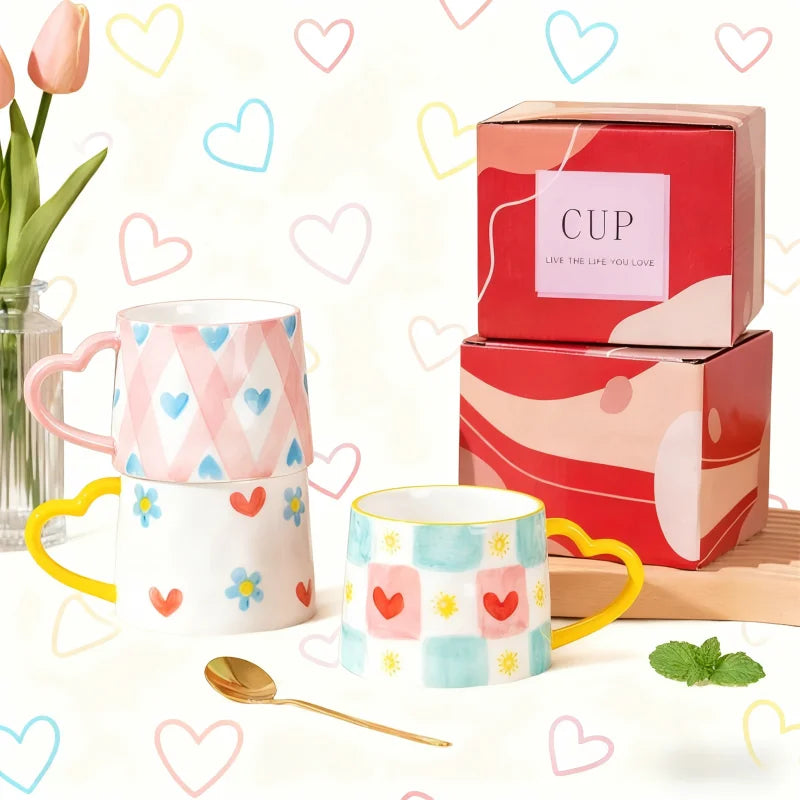 Ceramic Mug Creative Cute Hand-Painted Love Heart Coffee Cup Milk Oatmeal Breakfast Afternoon Tea Cup Valentine's Day Present