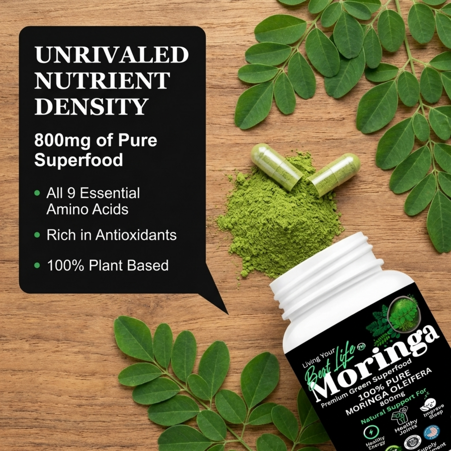 Moringa Capsules - Pure Moringa Powder, Energy, Skin, Immune & Gut Health Superfood, Rich in Antioxidants, Essential Vitamins & Amino Acids, Natural Green Superfood Supplement - 60 Count