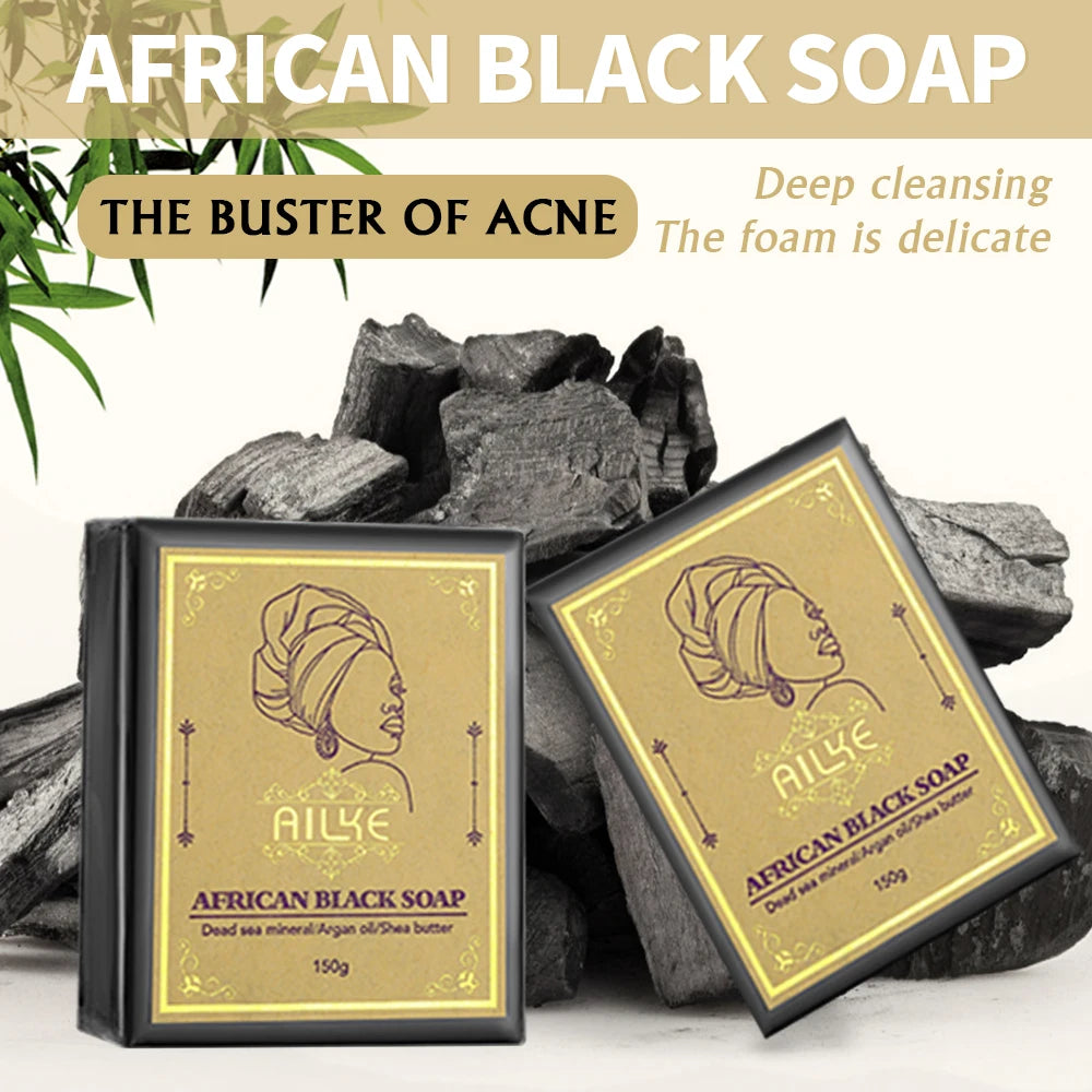 AILKE African Natural Black Soap - Face & Body Exfoliant for Brightening Skin Acne Reduction Deep Cleansing Moisturizing Handmade