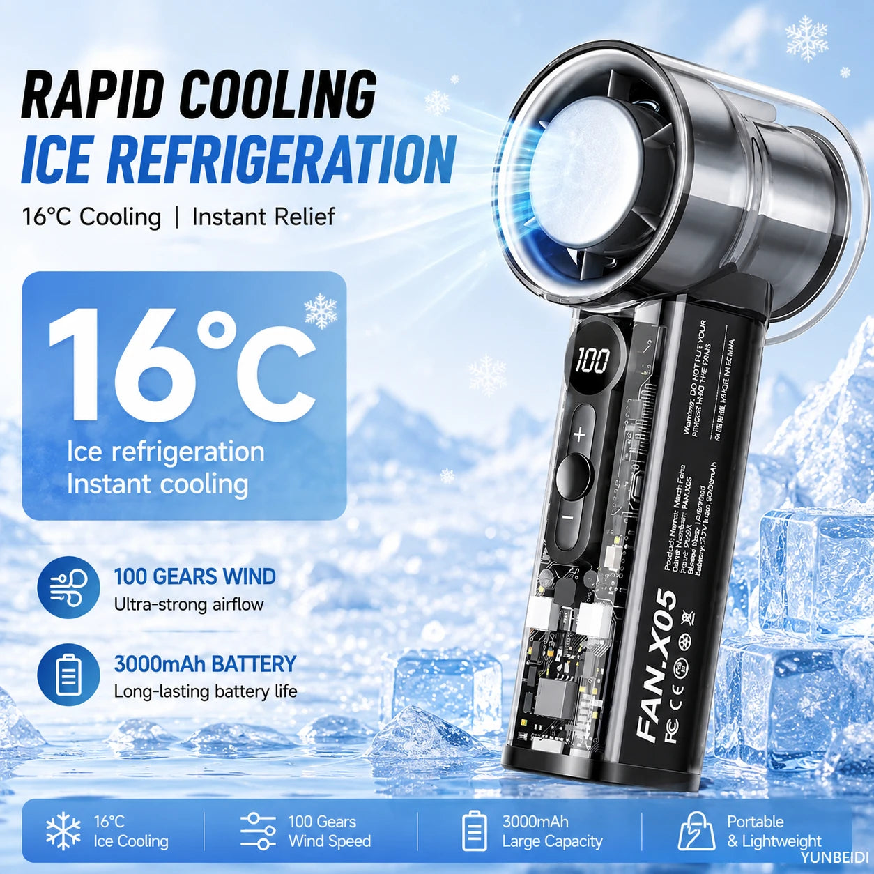 "Ice-Cooling Handheld Fan: Instant Chill Semiconductor Technology, 3000mAh Rechargeable USB Portable Fan"