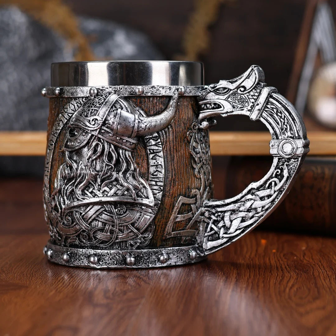 Valhalla Viking Stainless Steel Nordic Viking Barrel Dragon Boat Warrior Horn Skull Beer Mug Tankard Stein Cup 400 ML