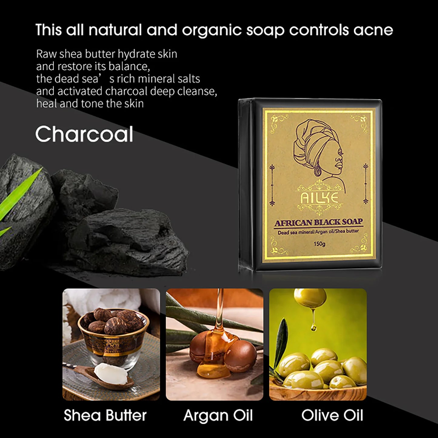AILKE African Natural Black Soap - Face & Body Exfoliant for Brightening Skin Acne Reduction Deep Cleansing Moisturizing Handmade