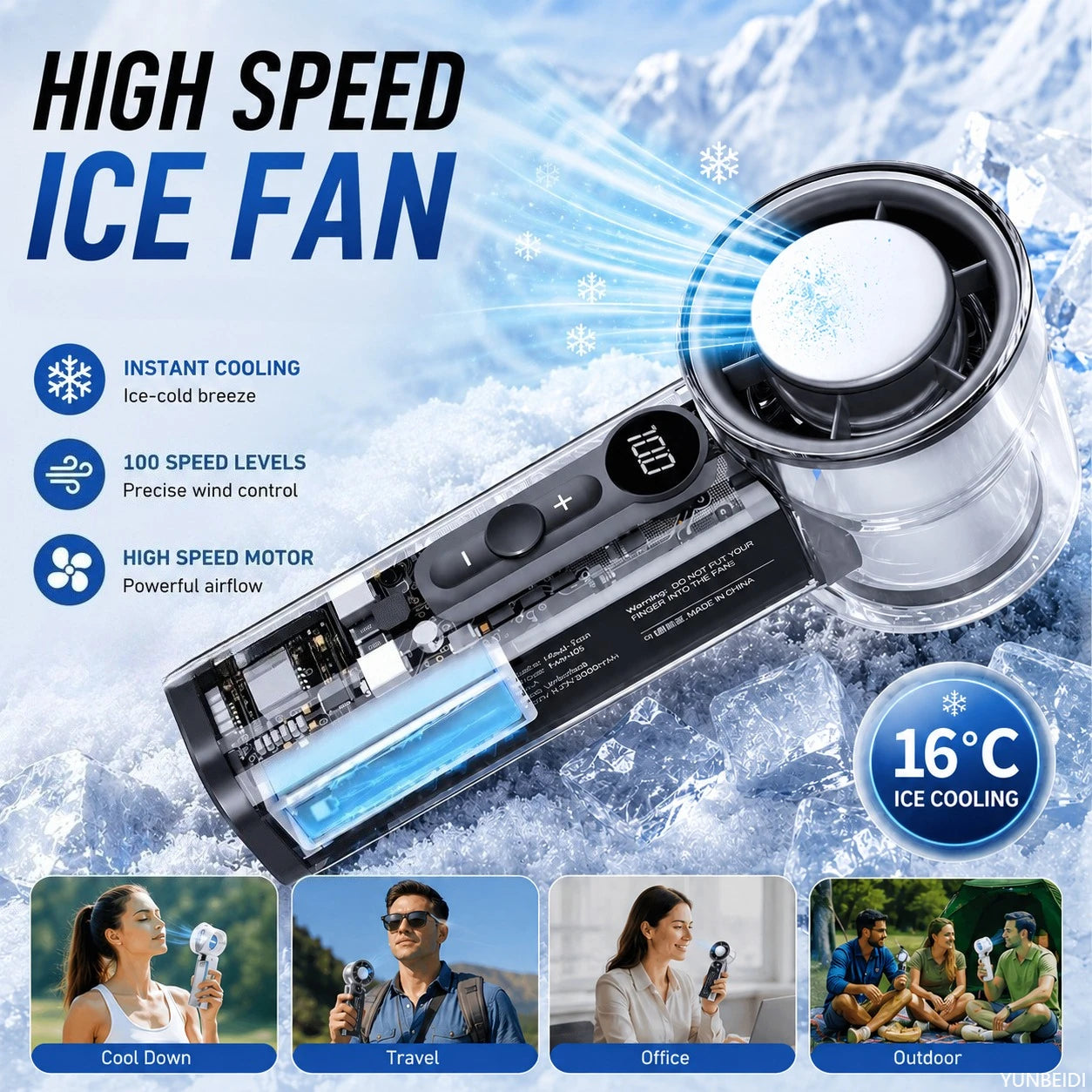 "Ice-Cooling Handheld Fan: Instant Chill Semiconductor Technology, 3000mAh Rechargeable USB Portable Fan"