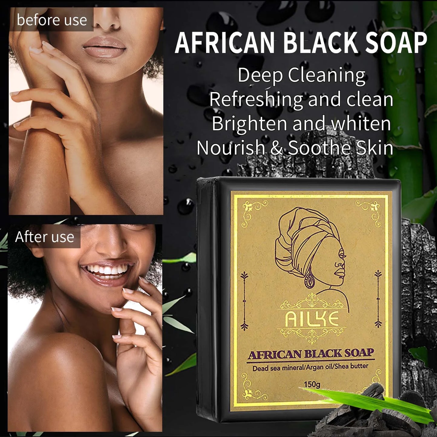 AILKE African Natural Black Soap - Face & Body Exfoliant for Brightening Skin Acne Reduction Deep Cleansing Moisturizing Handmade