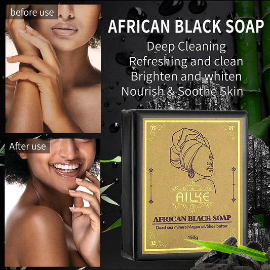 AILKE African Natural Black Soap - Face & Body Exfoliant for Brightening Skin Acne Reduction Deep Cleansing Moisturizing Handmade