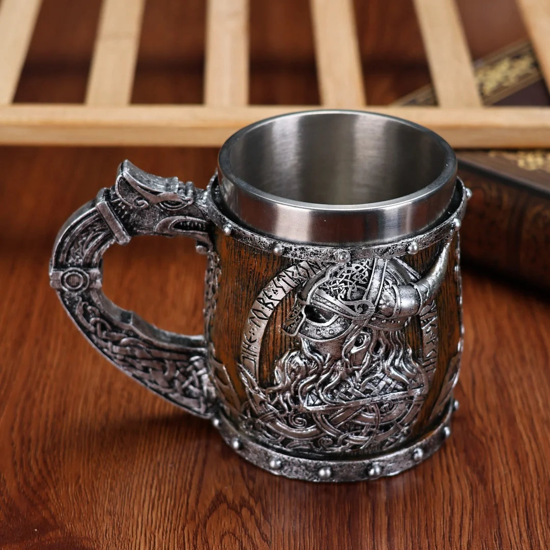 Valhalla Viking Stainless Steel Nordic Viking Barrel Dragon Boat Warrior Horn Skull Beer Mug Tankard Stein Cup 400 ML