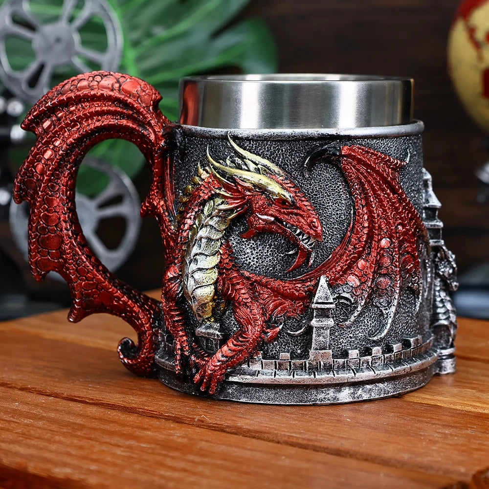 Valhalla Viking Stainless Steel Nordic Viking Barrel Dragon Boat Warrior Horn Skull Beer Mug Tankard Stein Cup 400 ML