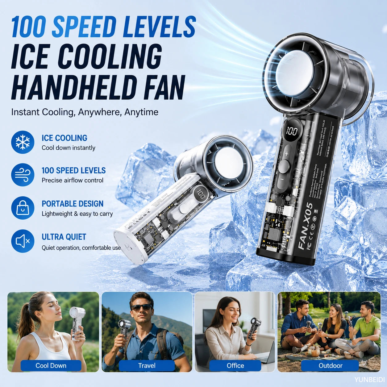 "Ice-Cooling Handheld Fan: Instant Chill Semiconductor Technology, 3000mAh Rechargeable USB Portable Fan"