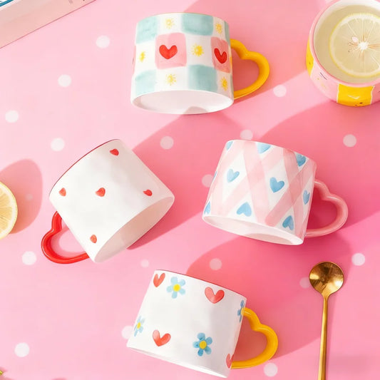 Ceramic Mug Creative Cute Hand-Painted Love Heart Coffee Cup Milk Oatmeal Breakfast Afternoon Tea Cup Valentine's Day Present