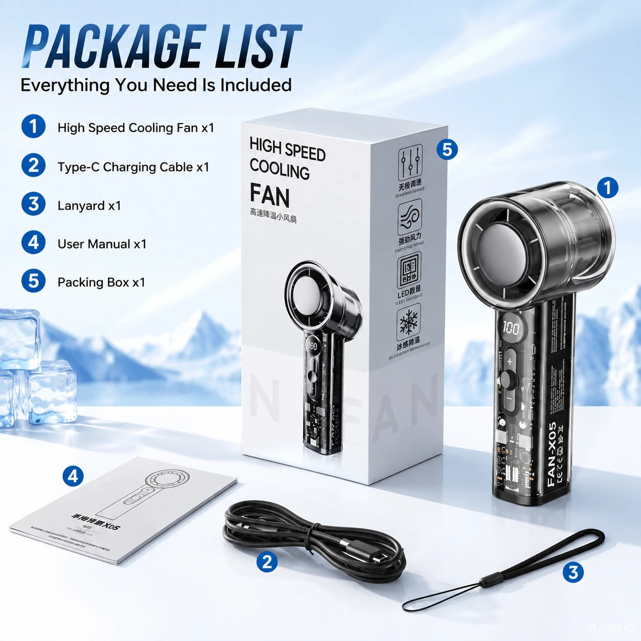 "Ice-Cooling Handheld Fan: Instant Chill Semiconductor Technology, 3000mAh Rechargeable USB Portable Fan"