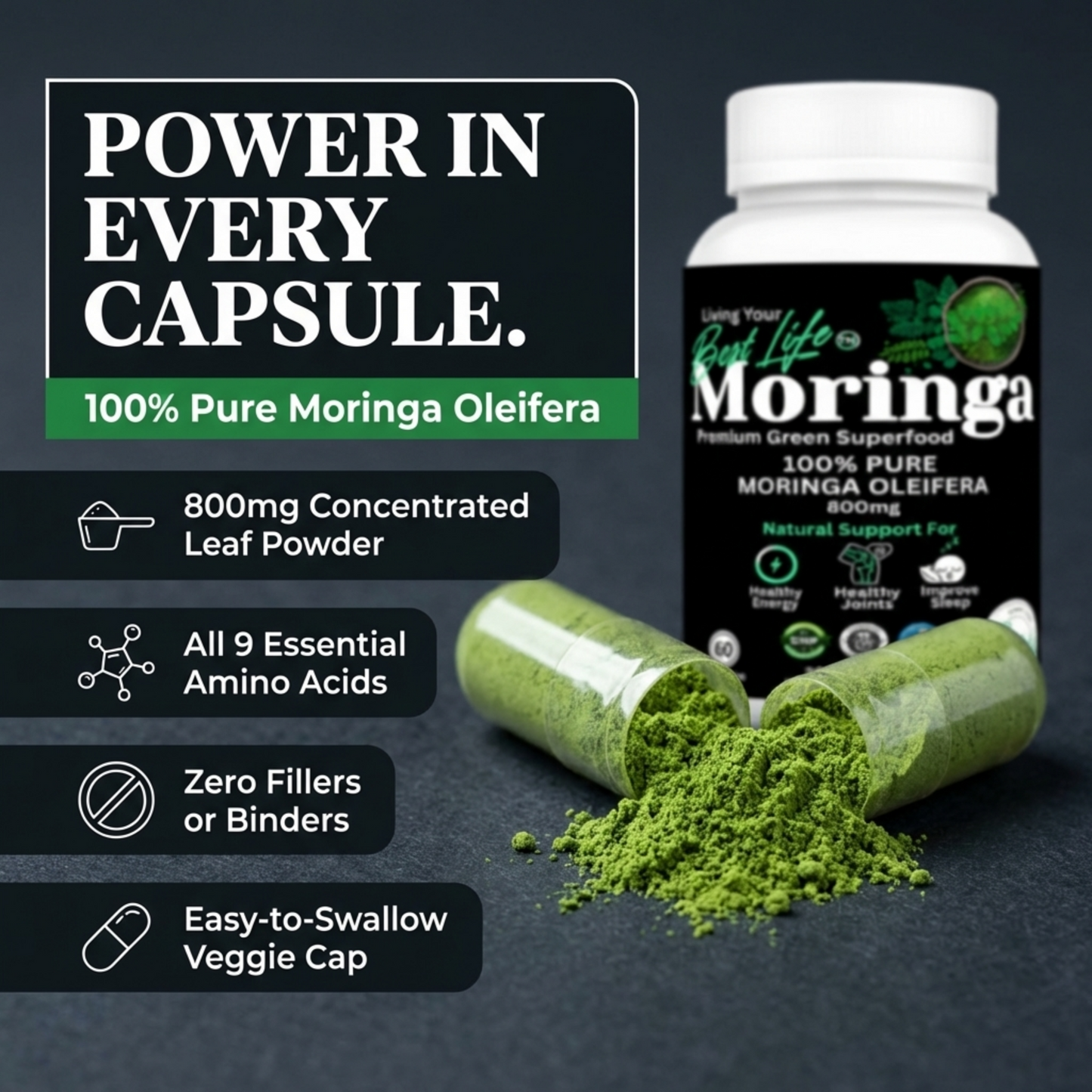 Moringa Capsules - Pure Moringa Powder, Energy, Skin, Immune & Gut Health Superfood, Rich in Antioxidants, Essential Vitamins & Amino Acids, Natural Green Superfood Supplement - 60 Count